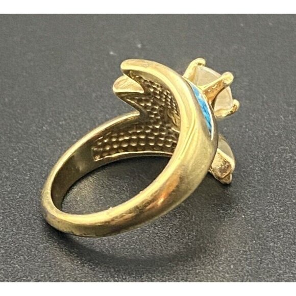 Vtg 'Ring 92 SW CZ Solitaire Yellow Gold Plated Wrap Crushed Turquoise Size 5.5 - Picture 4 of 14